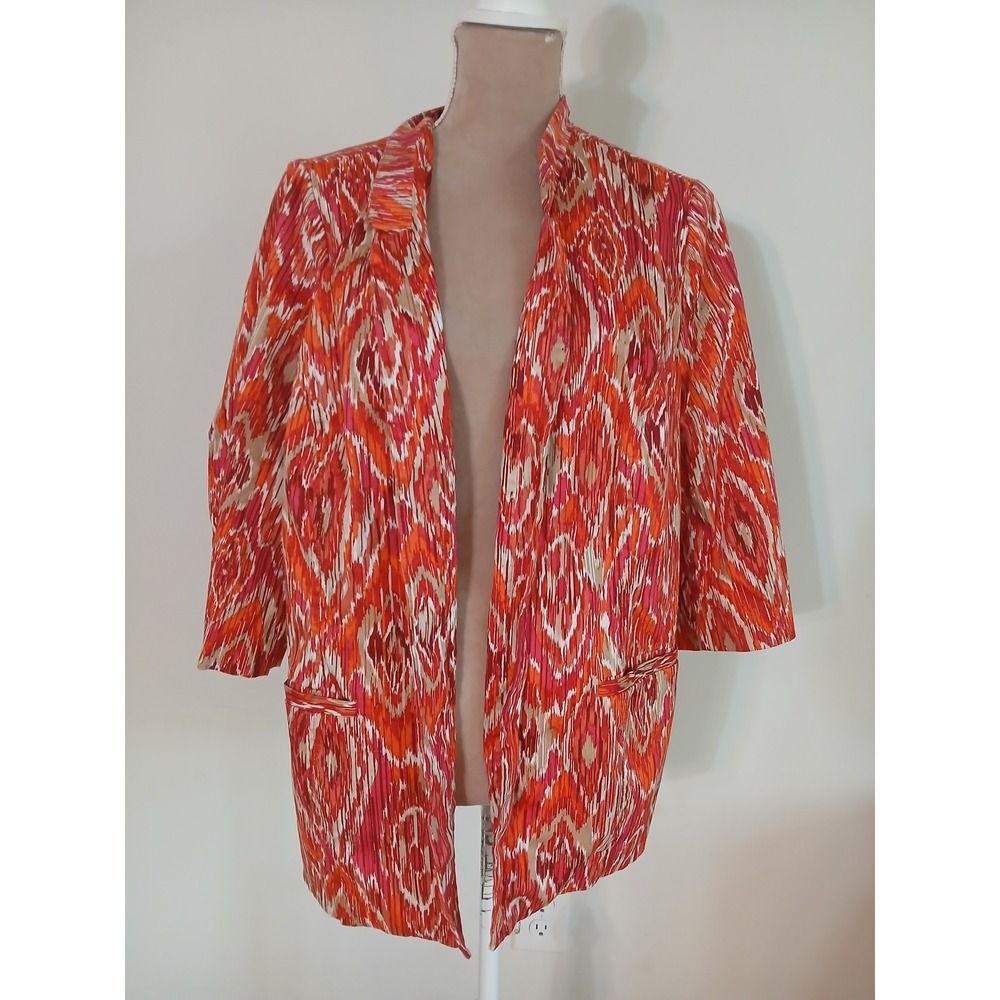 Catherines Maggie Barnes Womens 1X Blazer Orange Ikat Print 3/4 Sleeve Jacket